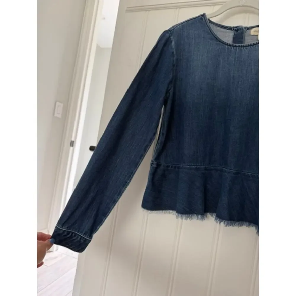 Cloth & Stone Chambray Lyocell Peplum Top Frayed Hem Button Back Long Sleeve S - Picture 3 of 10